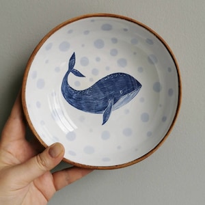 Beautiful bowl hand painted with whale for starting nice day! Excellent gift for friends, for you