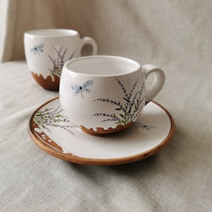 Hand-Painted Lavender Pottery Mug & Saucer Set: Provencal Tea Cup