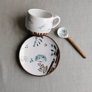 Ceramic mug set, herbal tea cup, mug, saucer, Spoon with a painted herbal, Gift Pottery Mug, Dishes, Сrockery, Tableware,Ceramics Osoka Art 300ml+saucer+spoon