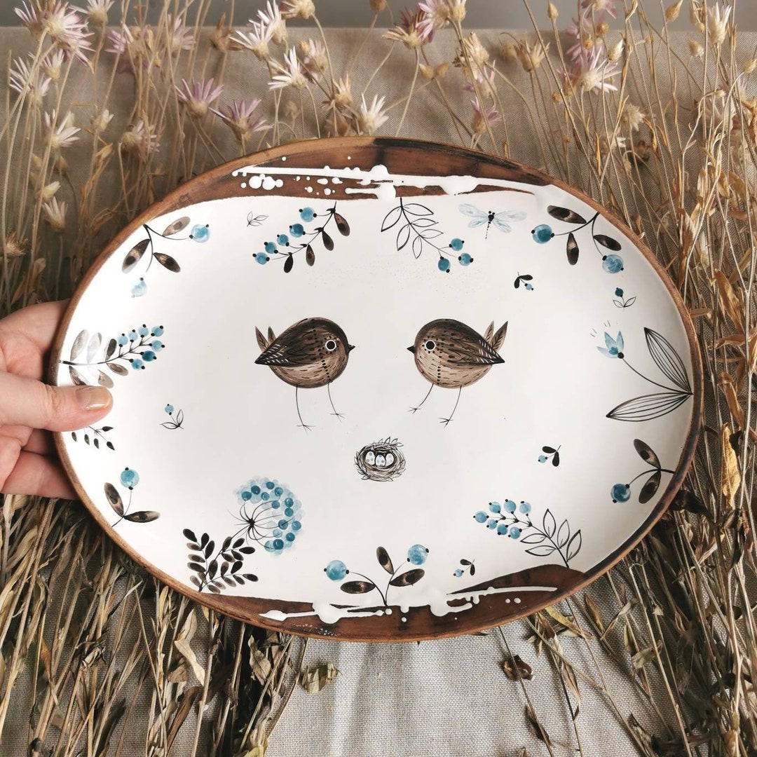 Buy Hand-painted Sparrow Ceramic Plate: Majolica Pottery by Osoka