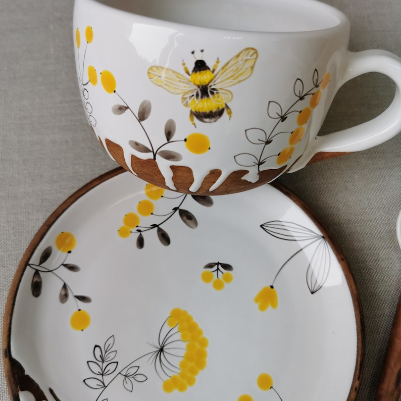 cup with bee, yellow herbs, a mug, saucer and spoon, for herbal teas, Handmade pottery mug, Ceramic OsokaArt, Gift pottery mug teaset image 7