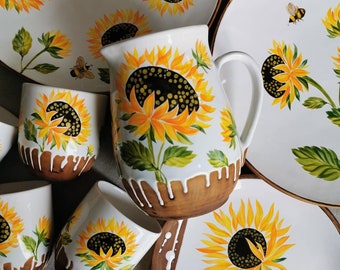 Serving ceramic jug with a bee and sunflower, Handmade pottery jug, Ceramic dinnerware, Rustic Pitcher , Ceramics Osoka Art