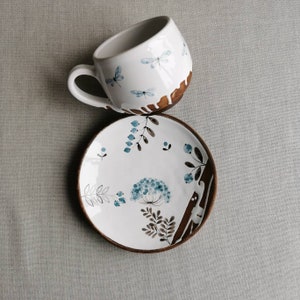 Ceramic mug set, herbal tea cup, mug, saucer, Spoon with a painted herbal, Gift Pottery Mug, Dishes, Сrockery, Tableware,Ceramics Osoka Art 300ml mug+saucer