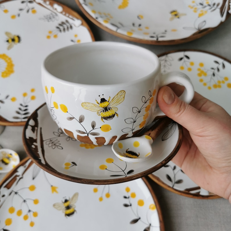 cup with bee, yellow herbs, a mug, saucer and spoon, for herbal teas, Handmade pottery mug, Ceramic OsokaArt, Gift pottery mug teaset image 1