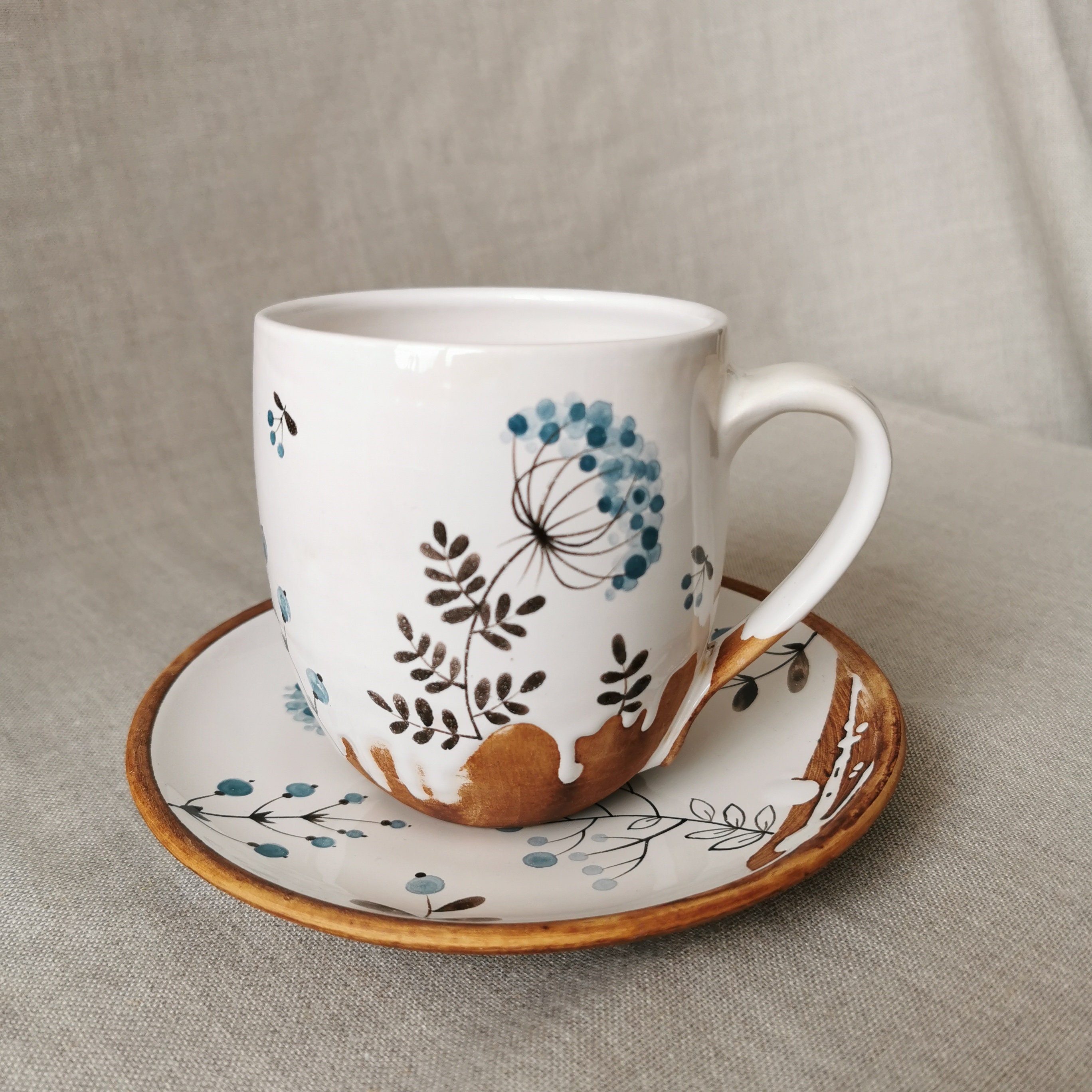 Ceramic Mug Set, Herbal Tea Cup, Mug, Saucer, Spoon With a Painted