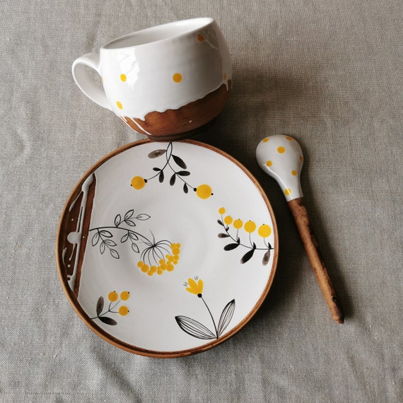 Ceramic Mug, Saucer, Spoon With a Painted Bee, Pottery Dinnerware 