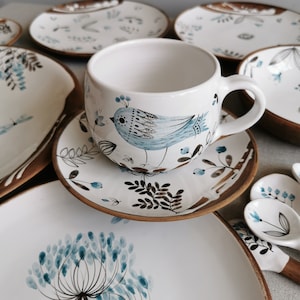 Handmade Pottery Mug Teaset: Bird & Blue Herbs Design Osokaartceramics