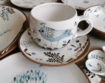Mug with a small bird, blue herbs, a mug, saucer and spoon, for herbal teas, Handmade pottery mug, Ceramics Osoka Art,  pottery mug teaset