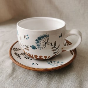 large tea mug , herbal tea cup, mug, saucer, Spoon with a painted herbal, Pottery Dinnerware set, Tea set, Ceramics Osoka Art, Pottery Gift