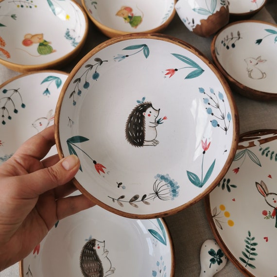 Ceramic Dinner Bowl With Painting Cute Hedgehogs, Handmade Pottery