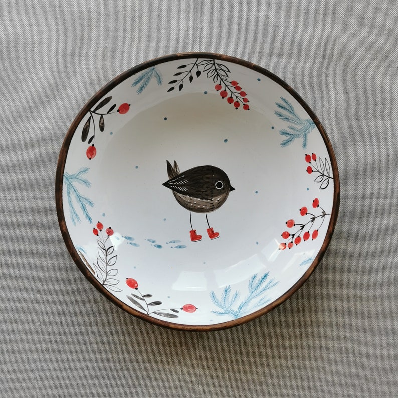 Handmade hand painted ceramic bowl and plate by Osoka art as Christmas gift or first gift with love ideal for breakfast lunch birdsparrow image 3