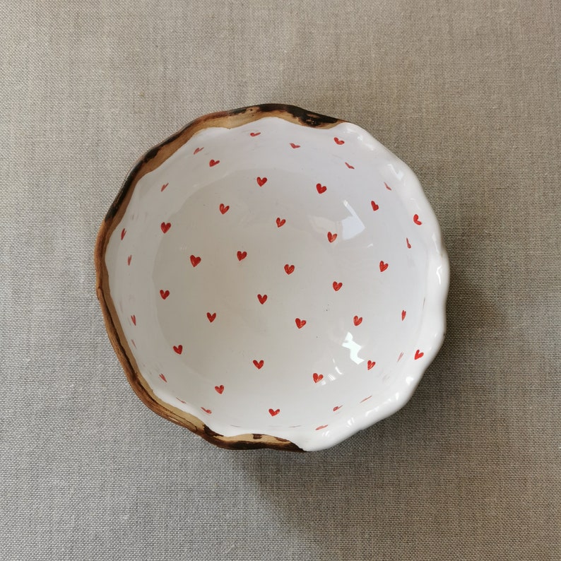 Handmade ceramic deep bowl 15 cm of diameter with little hearts hand painted with love for breakfast, dinner, lunch, brunch, for good mood image 3