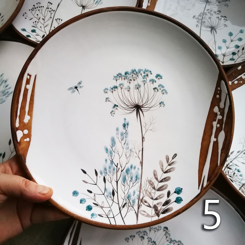 Handmade Ceramic Dinner Plate: Botanical Herb Design, Maiolica Pottery ...