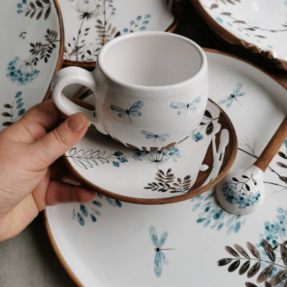 Juego de tazas de ceramica taza de te de hierbas taza platillo cuchara con una hierba pintada taza de ceramica de regalo platos articulos de rocalla vajilla ceramica Osoka Art Etsy