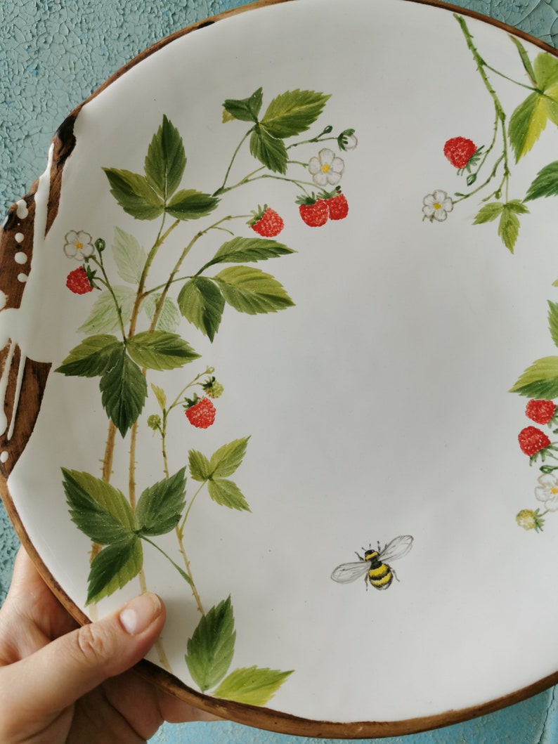 Big beautiful dish for cakes, sweets, hand painting with raspberries and bee, for happy family, diameter 32 cm amazing plate image 7