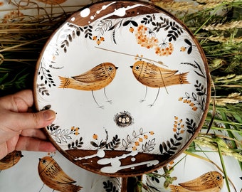 Handmade Ceramic plate with a bird, Pottery Dinnerware, Artisan Dishes, Collectible gift plate gift, Dinner Plate, Osoka Art ceramics