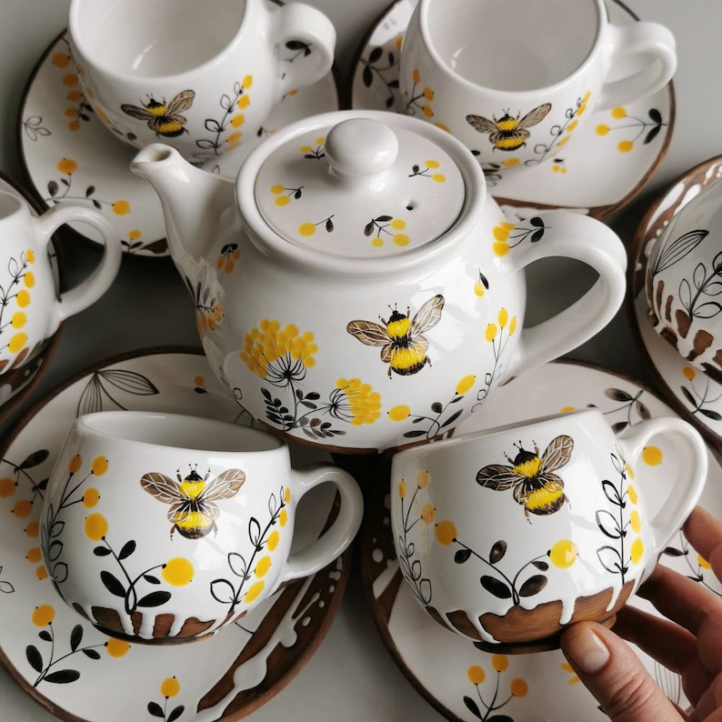 Tea-set hand painting bumblebees teapot, mugs, saucers,spoons by Osokaart ceramics. Nice gift for mother, nice friend, sister image 8