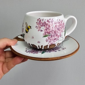 Only for those you love Pottery tea coffee pair by Osokaart ceramics with hand painted lilac and bee 350ml+saucer