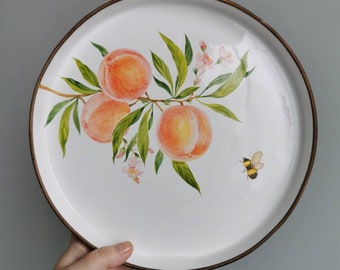 Delicate plates and dishes with hand painting peaches, flowering branches and bee (bumblebee) by Osoka art ceramics