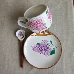 Only for those you love Pottery tea coffee pair by Osokaart ceramics with hand painted lilac and bee image 3