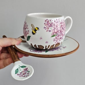 Only for those you love Pottery tea coffee pair by Osokaart ceramics with hand painted lilac and bee 350ml+saucer+spoon