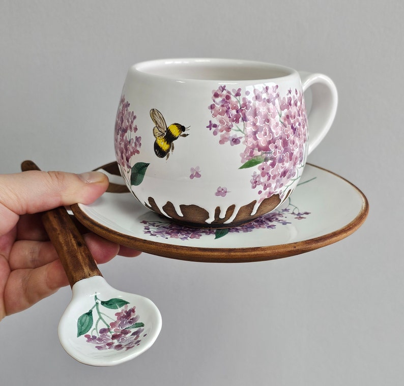 Only for those you love Pottery tea coffee pair by Osokaart ceramics with hand painted lilac and bee 350ml+saucer+spoon