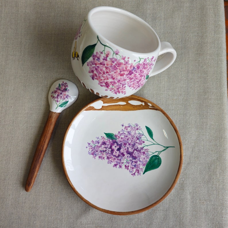 Only for those you love Pottery tea coffee pair by Osokaart ceramics with hand painted lilac and bee image 4