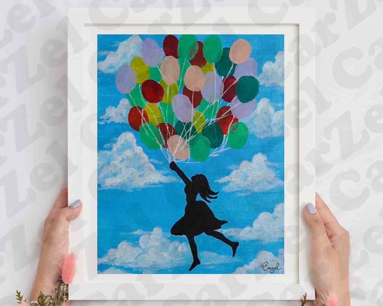 Flying Balloon Girl, Balloon Girl Painting, Acrylic Painting, Printable Wall Art, Digital
