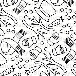 Op de afbeelding: Een naadloos patroon met winterthema-lijntekeningelementen in zwart en wit. Het ontwerp omvat een hoge hoed, wortel, wanten, sjaal en sneeuwballen. De illustratie herhaalt zich over het hele oppervlak.