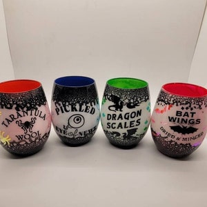 Halloween wine glass set, witch wine glass, potion bottle wine glass, bat wings, halloween glass, spooky cup, witches brew wine cup