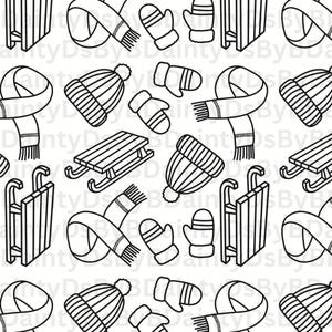 Op de afbeelding: Een naadloos patroon met winterthema's in lijntekeningen. Het ontwerp omvat mutsen, wanten, sjaals, sleeën en een houten hek, allemaal in zwart en wit, waardoor een herhaald wintervakantiethema ontstaat.