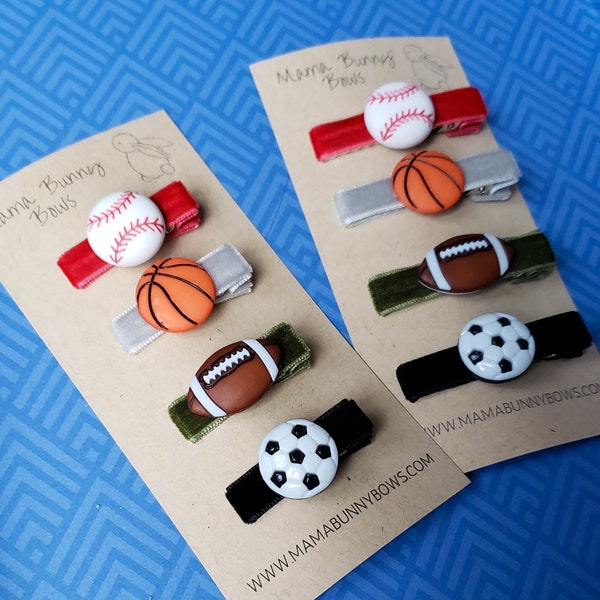 Sports Soccer Football Baseball Basketball Velvet Hair Clips, For the Boys Bar Hair Clips, Baby Toddler Boy Athlete, Athletics