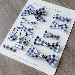 Blue and White Gingham Hair Bow Schoolgirl Hand Tied Bow, Baby Girl Headband, Toddler Girl Hair Clips, Ponytail Bobbles, Blue Check, Spring