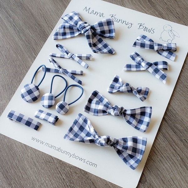 Blue and White Gingham Hair Bow Schoolgirl Hand Tied Bow, Baby Girl Headband, Toddler Girl Hair Clips, Ponytail Bobbles, Blue Check, Spring