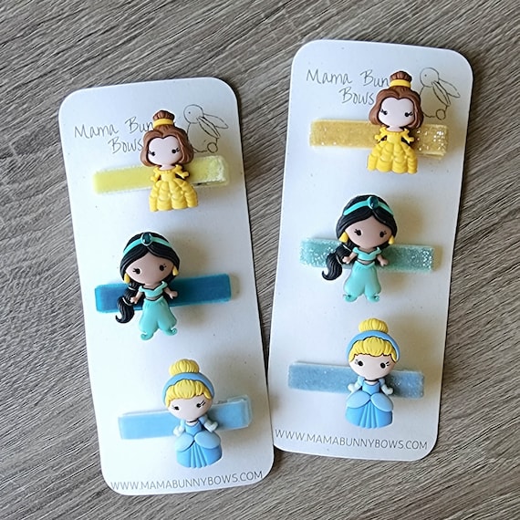 Disney Princess Hair Clips, Colorful Velvet Glitter Clips, Baby Toddler Girl, Cinderella, Jasmine, Aladdin, Belle, Beauty and the Beast,