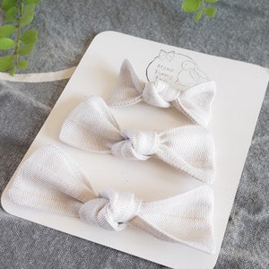 Knot Bow Hand Tied Hair Bow Clip, Tan Linen with Gold Stripe Fabric, Newborn Baby Toddler Girl Headband Bow, Pigtail Clips, Handmade