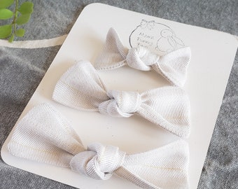 Knot Bow Hand Tied Hair Bow Clip, Tan Linen with Gold Stripe Fabric, Newborn Baby Toddler Girl Headband Bow, Pigtail Clips, Handmade