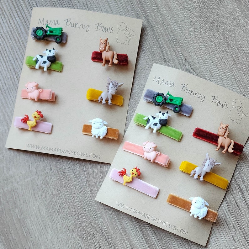 Farm Animals Alligator Hair Clips, Colorful Velvet Hair Clips, Baby Toddler Girl, Sheep, Rooster, Horse, Donkey, Pig, Cow, Tractor, Farmer image 2