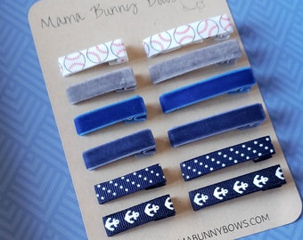 For the Boys Set of 6 Bar Hair Clips, Alligator Ribbon and Velvet Clips, Baby Toddler Boy Hair Clips, Sports, Baseball, Anchor, Stars, Blue