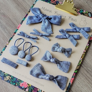 Blue Chambray Hair Bow Schoolgirl Hand Tied Bow, Baby Girl Headband Bow, Ponytail Bobbles Hair Ties, Pigtail Bow, Denim, Summer, Blue Linen