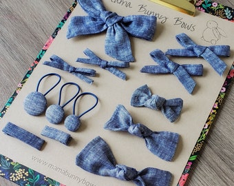 Blue Chambray Hair Bow Schoolgirl Hand Tied Bow, Baby Girl Headband Bow, Ponytail Bobbles Hair Ties, Pigtail Bow, Denim, Summer, Blue Linen