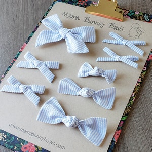 Light Blue and White Stripe Seersucker Bow, Schoolgirl Hand Tied Bow, Baby Girl Headband, Toddler Girl Hair, Seersucker Stripe, Blue Stripe
