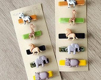 Safari Zoo Animal Hair Clips, Velvet Barrettes, Baby Girl, Toddler Boy, Boy Hair Clips, Giraffe, Zebra, Lion, Elephant, Hippo, Hippopotamus