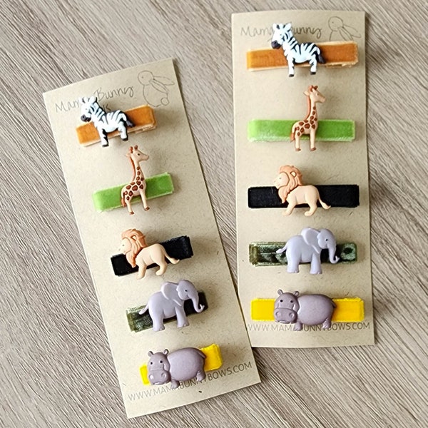 Safari Zoo Animal Hair Clips, Velvet Barrettes, Baby Girl, Toddler Boy, Boy Hair Clips, Giraffe, Zebra, Lion, Elephant, Hippo, Hippopotamus