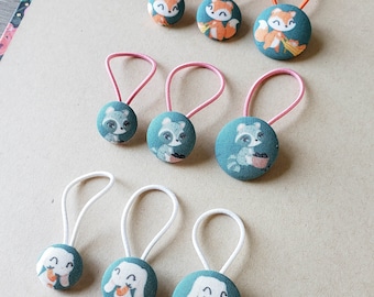 Ponytail Bobbles Sweet Woodland Animals, Ponytail Holders, Pigtail Clips, Fabric Button Ties, Girls Hair Bow, Fox, Bunny, Raccoon, Forest