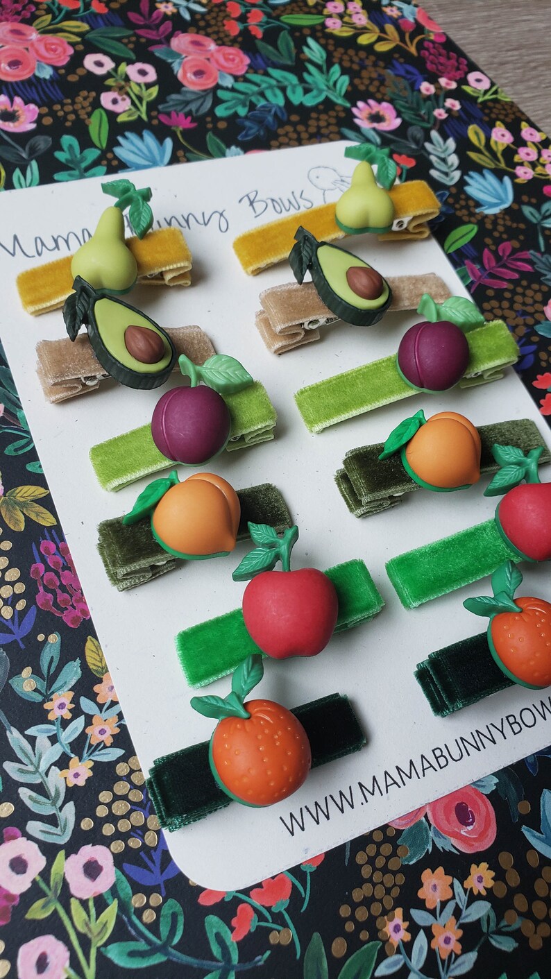 Frucht Alligator Haarspangen, Bunte Samt Haarspangen, Baby Kleinkind Mädchen, Mädchen Haarspangen, Avocado, Apfel, Pflaume, Pfirsich, Birne, Orange, Herbst Bild 4