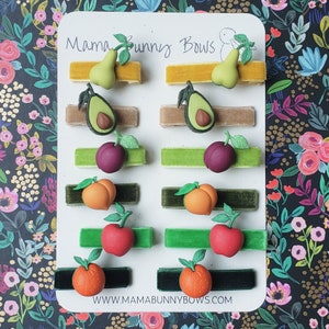 Frucht Alligator Haarspangen, Bunte Samt Haarspangen, Baby Kleinkind Mädchen, Mädchen Haarspangen, Avocado, Apfel, Pflaume, Pfirsich, Birne, Orange, Herbst Bild 3