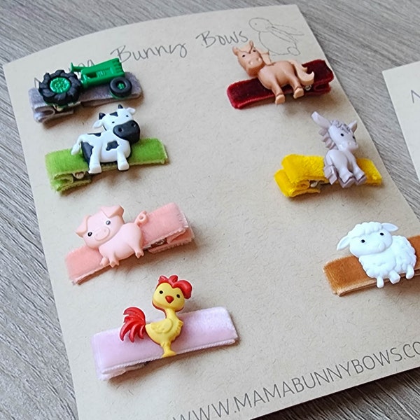 Farm Animals Alligator Hair Clips, Colorful Velvet Hair Clips, Baby Toddler Girl, Sheep, Rooster, Horse, Donkey, Pig, Cow, Tractor, Farmer