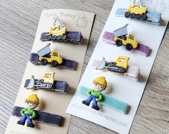 Construction Trucks Vehicles Hair Clips, Boys Hair Clips, Toddler Boy, Crane, Bulldozer, Dump Truck, Hard Hat, Glitter Clips, Girl Trucks