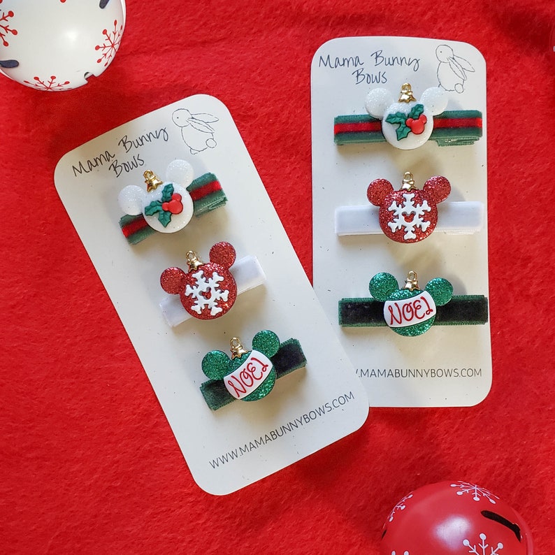Christmas Minnie Mickey Mouse Ears Hair Clips, Glitter Holiday Ornaments Colorful Velvet Barettes, Baby Toddler Girl, Minnie Ears, Disney Bild 1